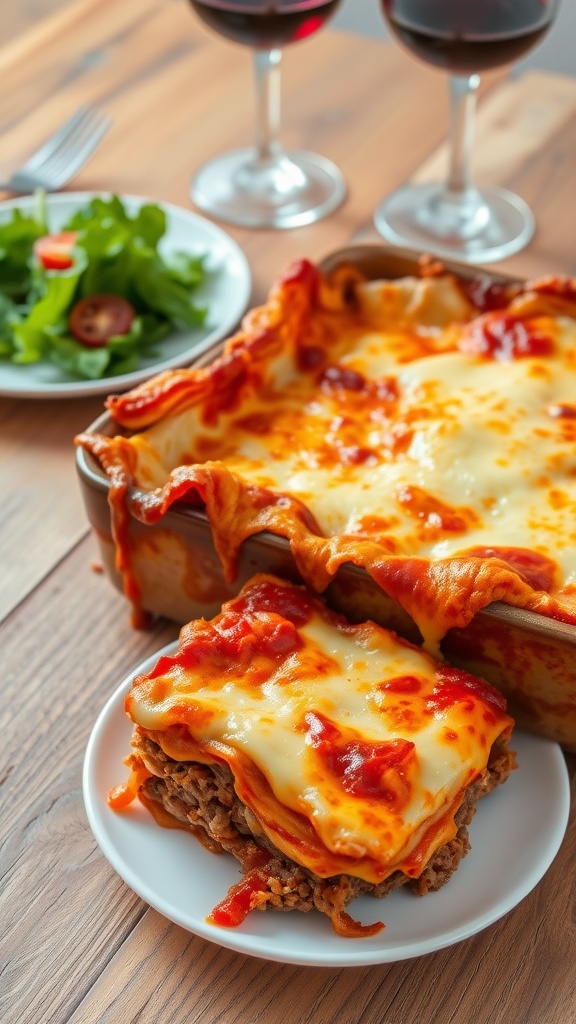 A slice of golden lasagna with layers of meat sauce and cheese served on a plate, with a rustic setting.